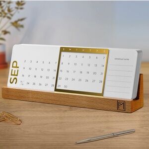 Beechwood & Brass Desktop Perpetual Calendar - Minimalist Home Office Decor
